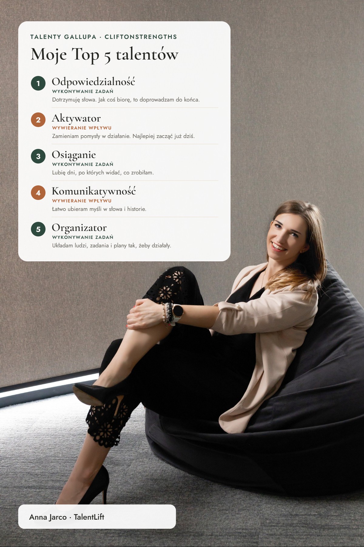 Moje Top 5 talentów Gallupa – Anna Jarco: Odpowiedzialność, Aktywator, Osiąganie, Komunikatywność, Organizator