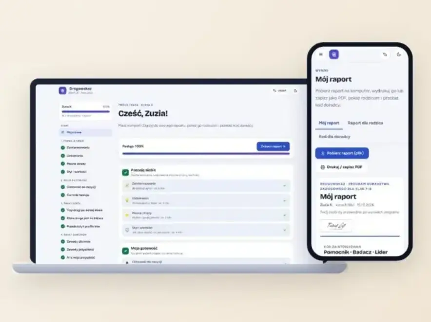 Drogowskaz – panel ucznia na laptopie i telefonie