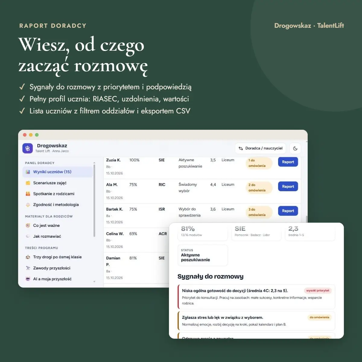 Raport doradcy w programie Drogowskaz: sygnały do rozmowy i lista uczniów