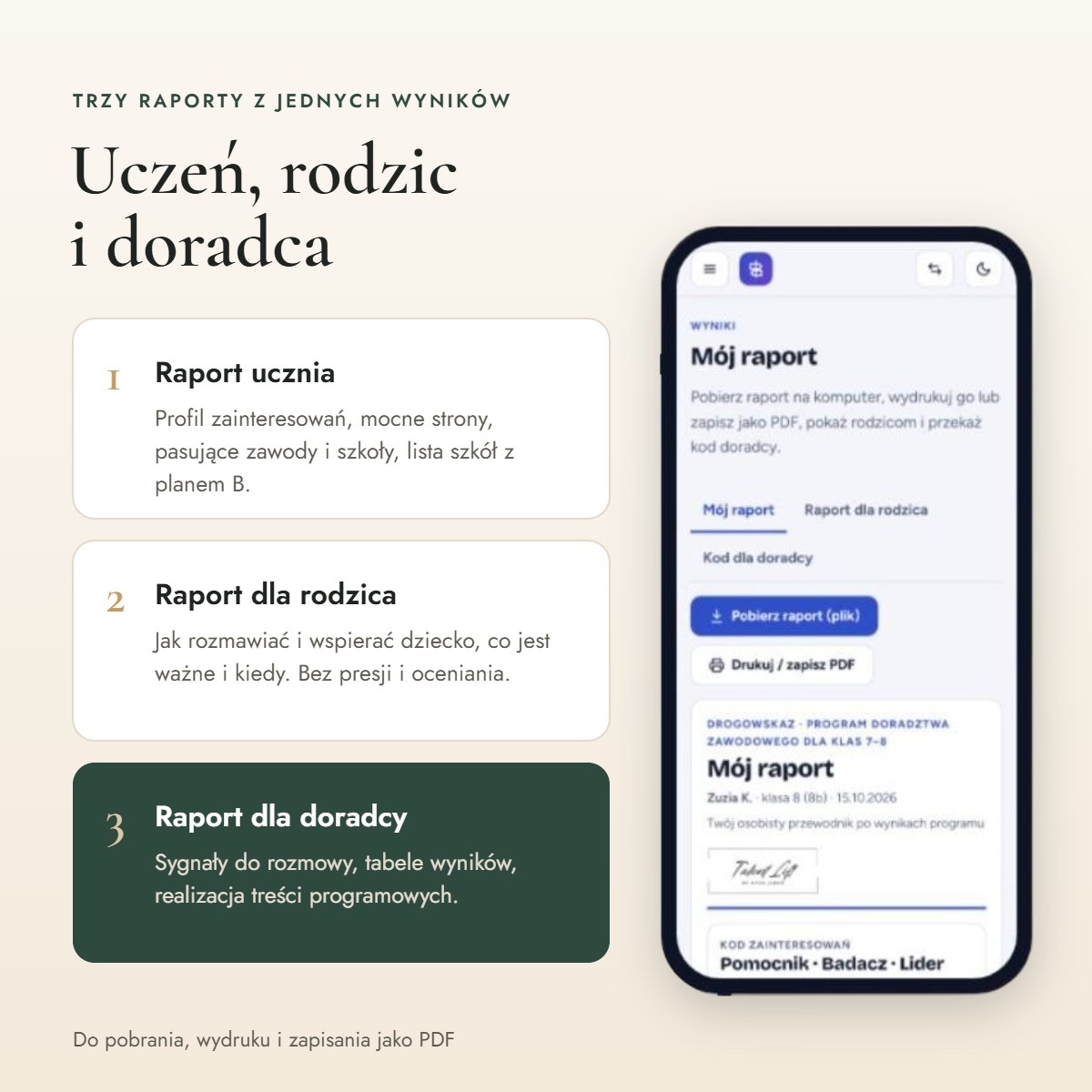 Raport ucznia, raport dla rodzica i raport dla doradcy w programie Drogowskaz