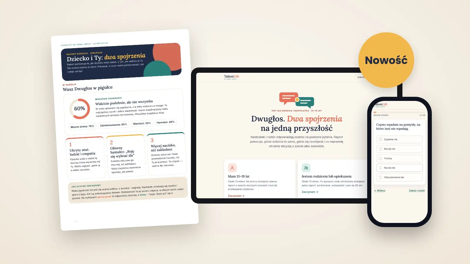 Dwugłos – test dla rodzica i nastolatka: raport rodzica, ekran startowy testu i pytanie na telefonie