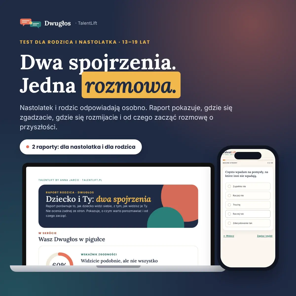 Dwugłos – test dla rodzica i nastolatka: raport porównawczy na laptopie i ekran testu na telefonie