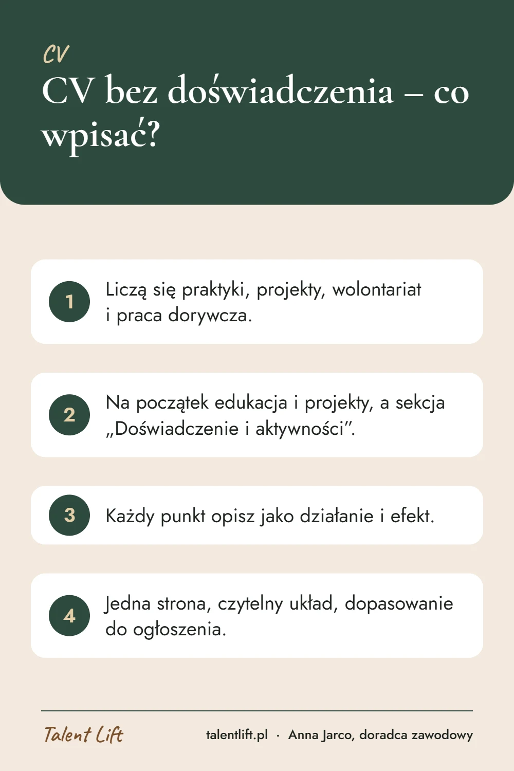 Infografika: CV bez doświadczenia – co wpisać? – 4 najważniejsze wskazówki