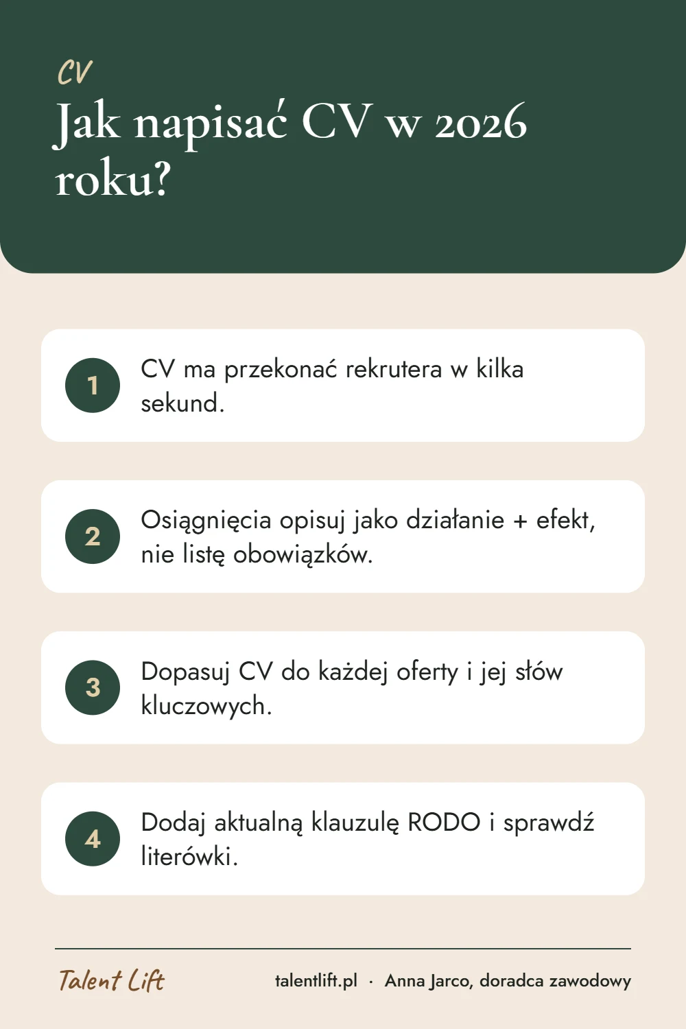 Infografika: Jak napisać CV w 2026 roku? – 4 najważniejsze wskazówki
