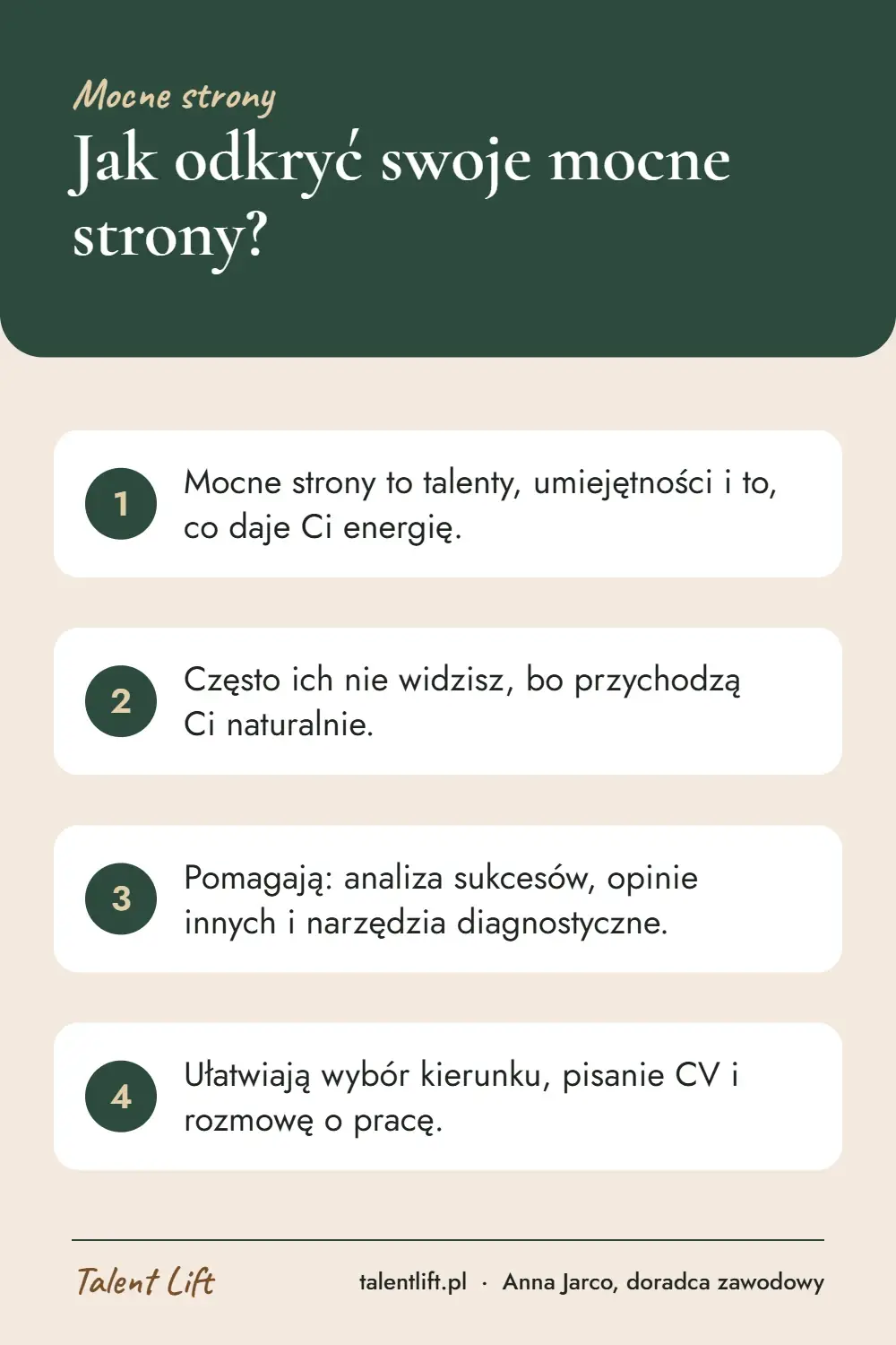 Infografika: Jak odkryć swoje mocne strony? – 4 najważniejsze wskazówki