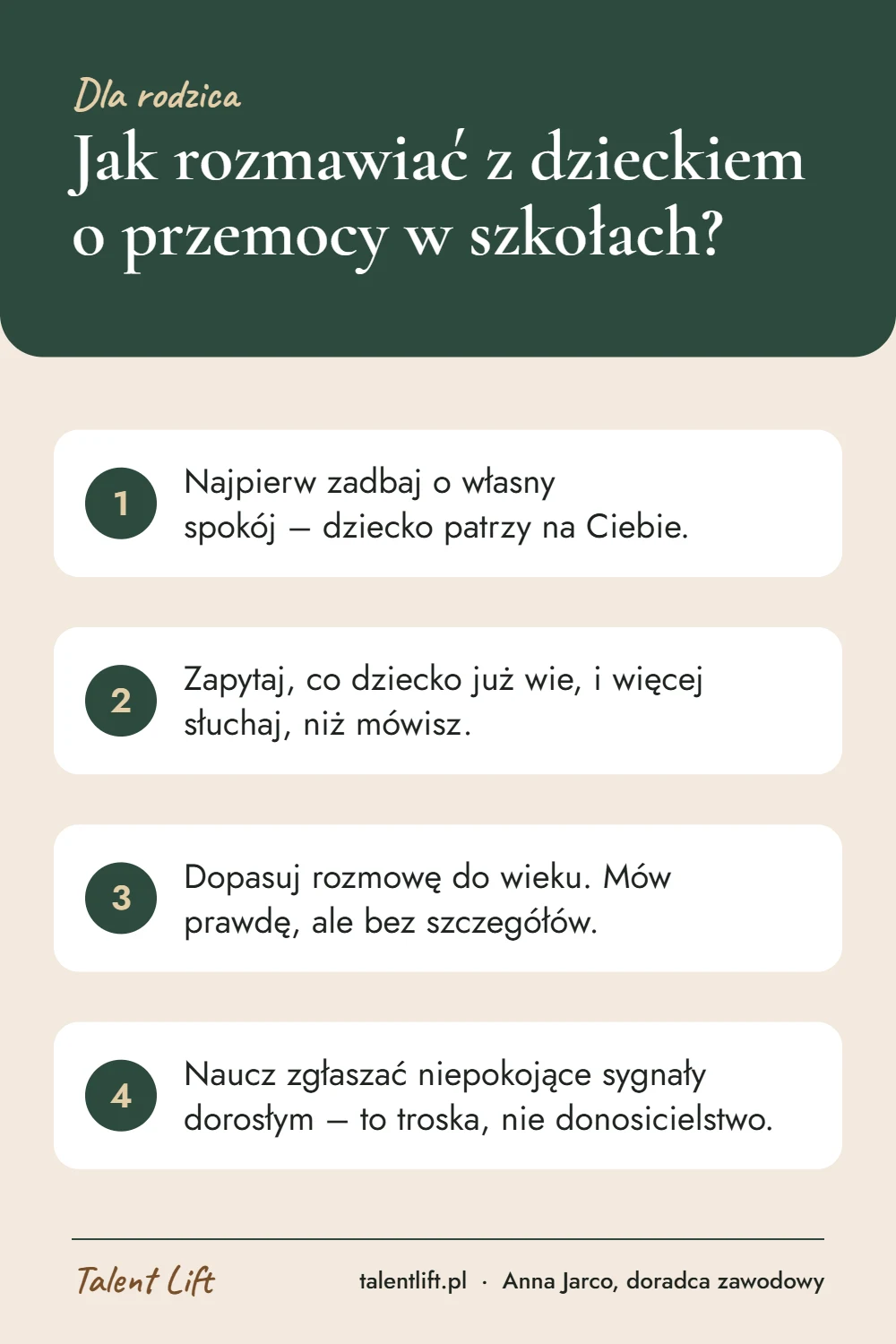 Infografika: Jak rozmawiać z dzieckiem o przemocy w szkołach? – 4 najważniejsze wskazówki