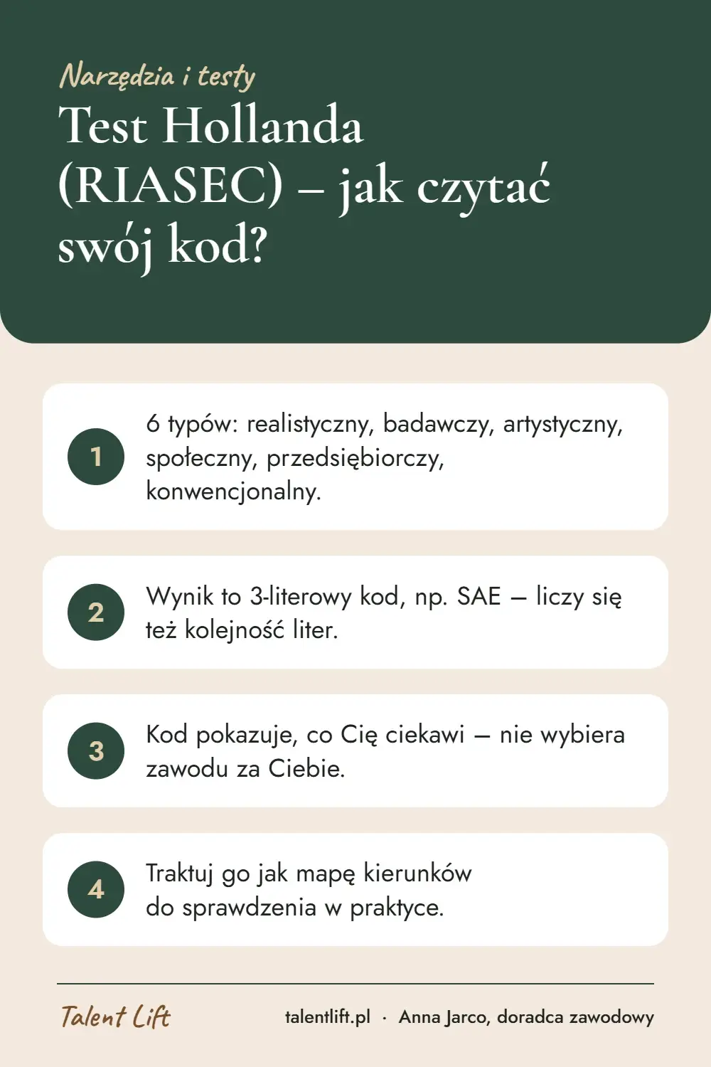 Infografika: Test Hollanda (RIASEC) – jak czytać swój kod? – 4 najważniejsze wskazówki