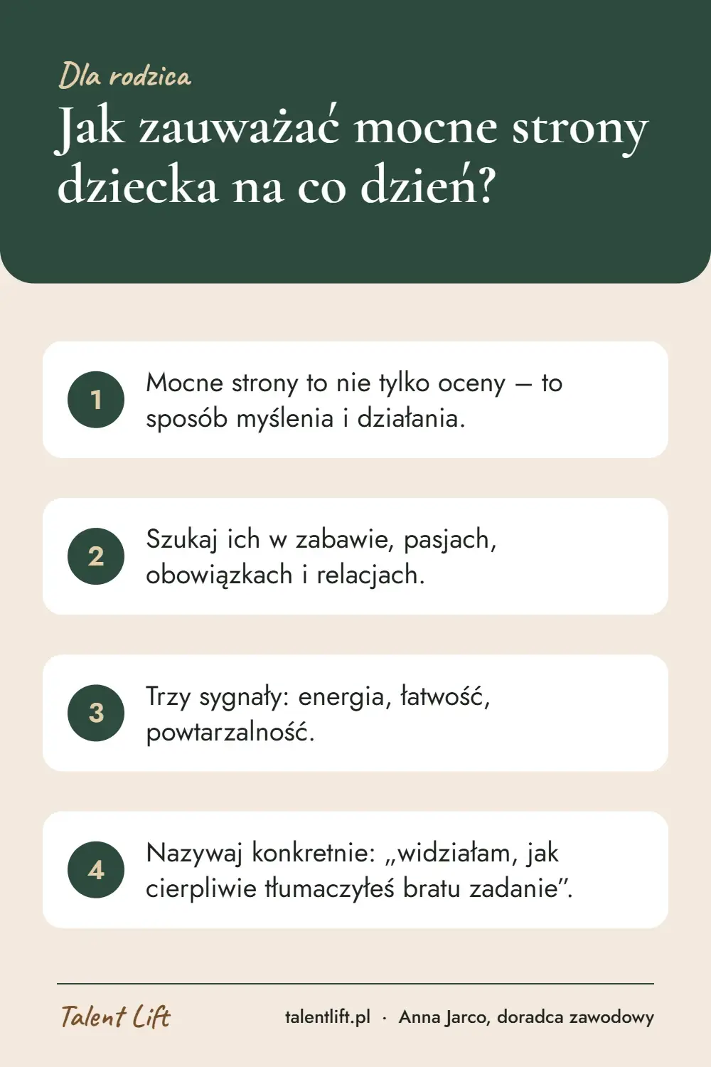 Infografika: Jak zauważać mocne strony dziecka na co dzień? – 4 najważniejsze wskazówki