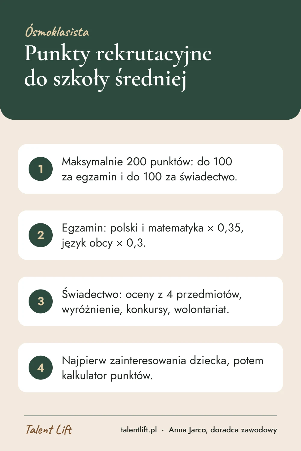 Infografika: Punkty rekrutacyjne do szkoły średniej – 4 najważniejsze wskazówki