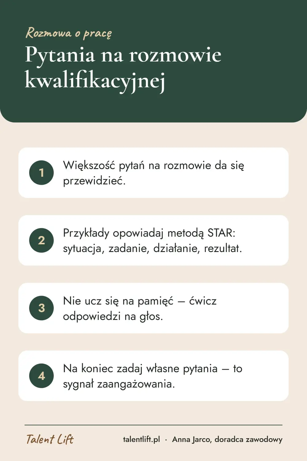 Infografika: Pytania na rozmowie kwalifikacyjnej – 4 najważniejsze wskazówki