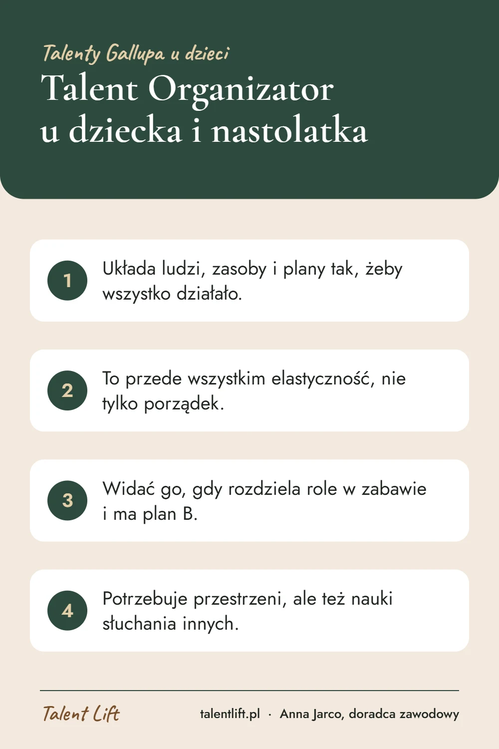 Infografika: Talent Organizator u dziecka i nastolatka – 4 najważniejsze wskazówki
