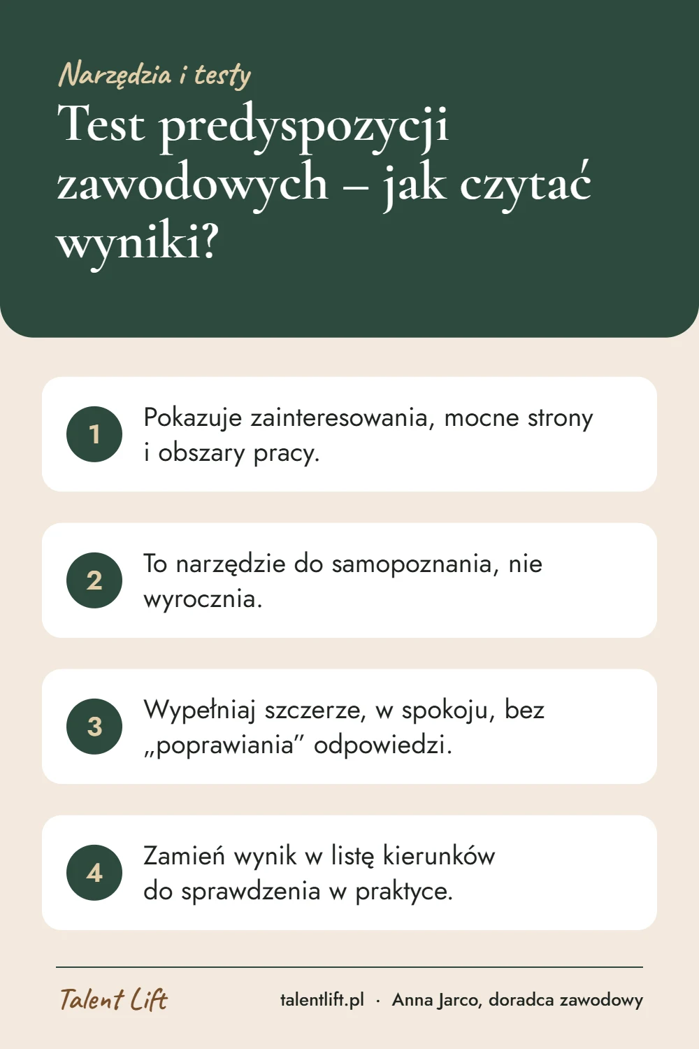 Infografika: Test predyspozycji zawodowych – jak czytać wyniki? – 4 najważniejsze wskazówki