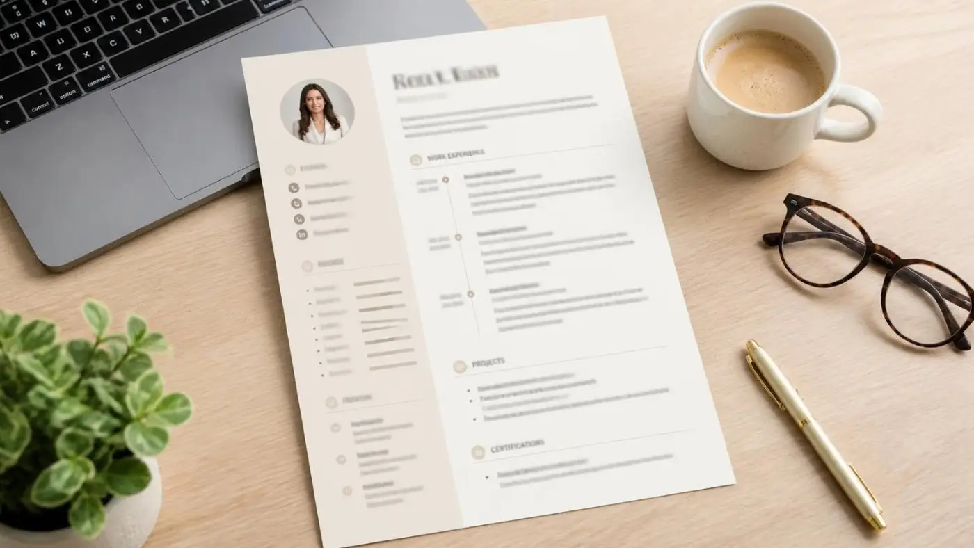 Przykładowe CV na biurku obok laptopa i kawy