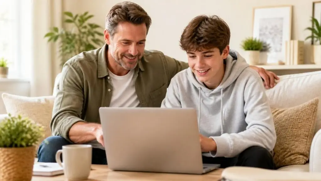 Tata i syn wspólnie przeglądają oferty szkół średnich na laptopie