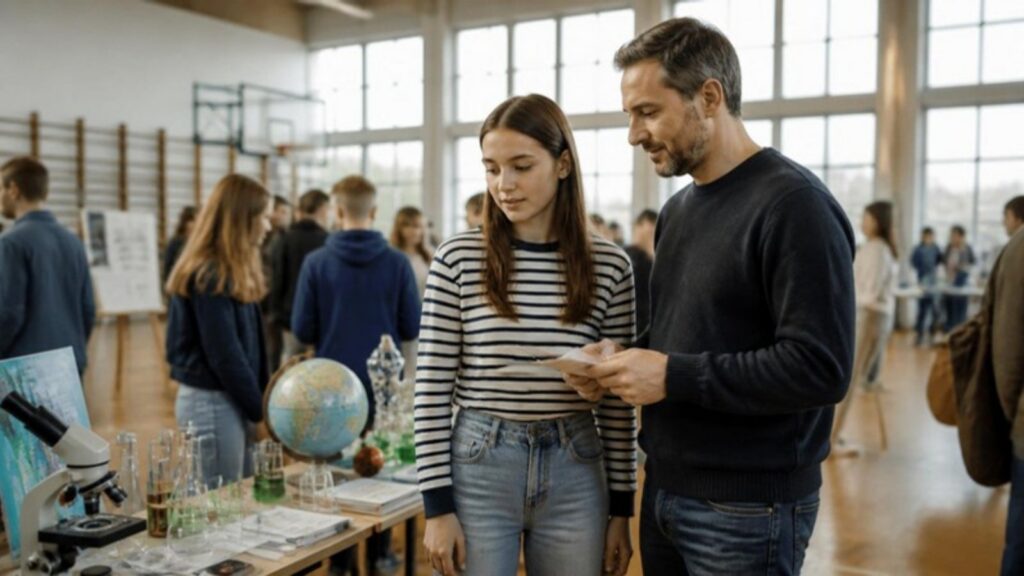 Ósmoklasistka z tatą na targach edukacyjnych porównuje profile klas w liceum