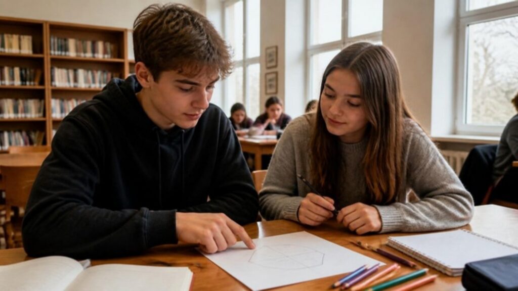 Nastolatkowie omawiają w bibliotece wyniki testu Hollanda z sześciokątem typów zainteresowań