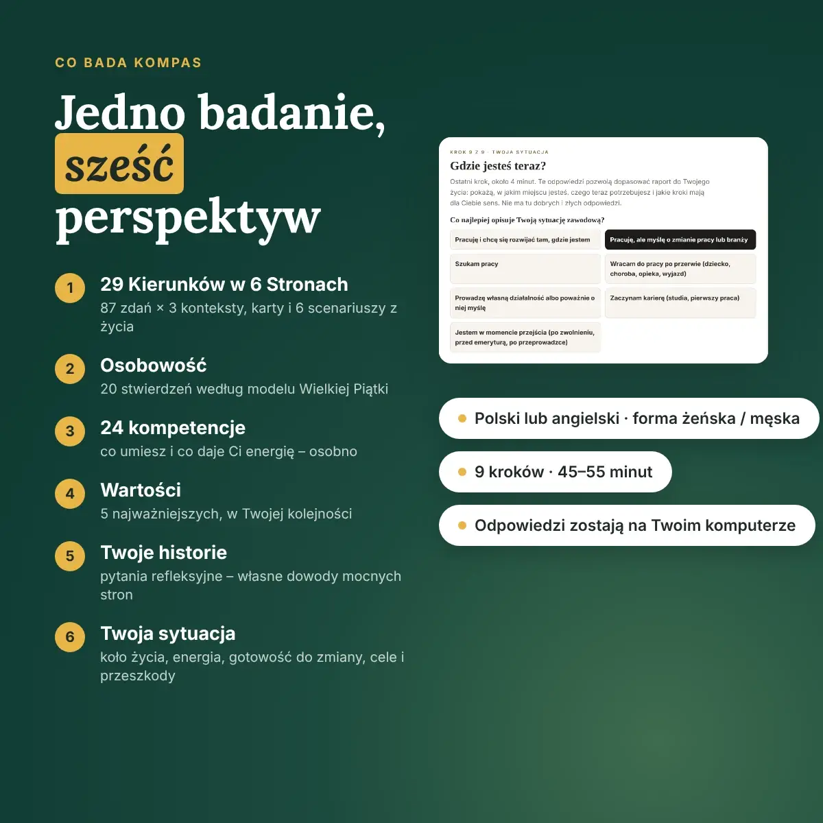 Co bada Kompas Mocnych Stron – 29 Kierunków, osobowość, 24 kompetencje, wartości, własne historie i Twoja sytuacja