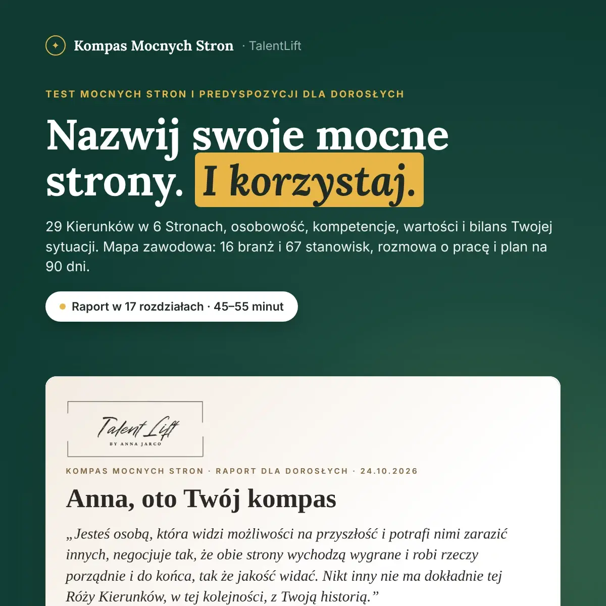 Kompas Mocnych Stron – test mocnych stron i predyspozycji zawodowych dla dorosłych, raport w 17 rozdziałach