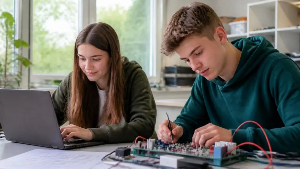 Uczniowie technikum pracują w pracowni elektronicznej