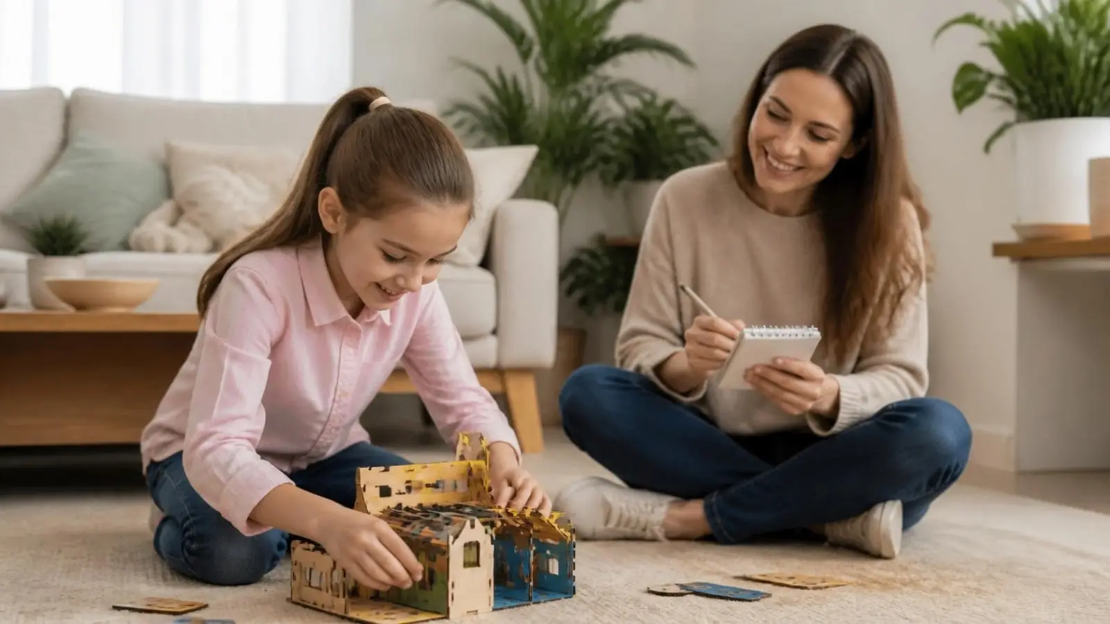Dziewczynka buduje model, a mama zapisuje jej mocne strony