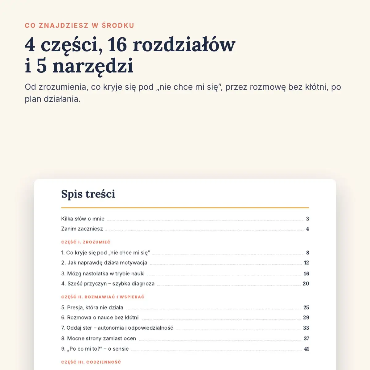 Spis treści ebooka Motywacja bez presji – 16 rozdziałów i 5 narzędzi