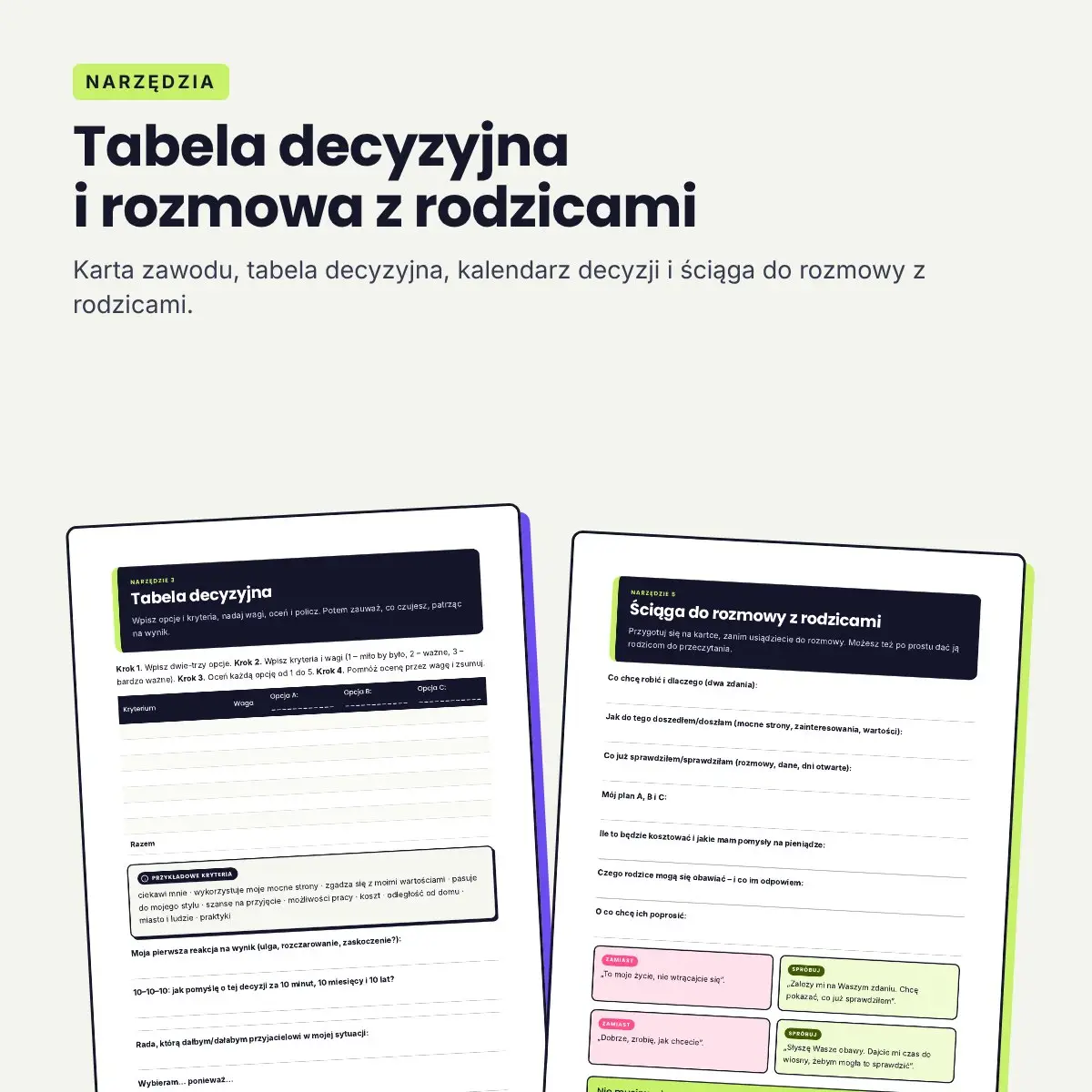 Tabela decyzyjna i ściąga do rozmowy z rodzicami o wyborze kierunku