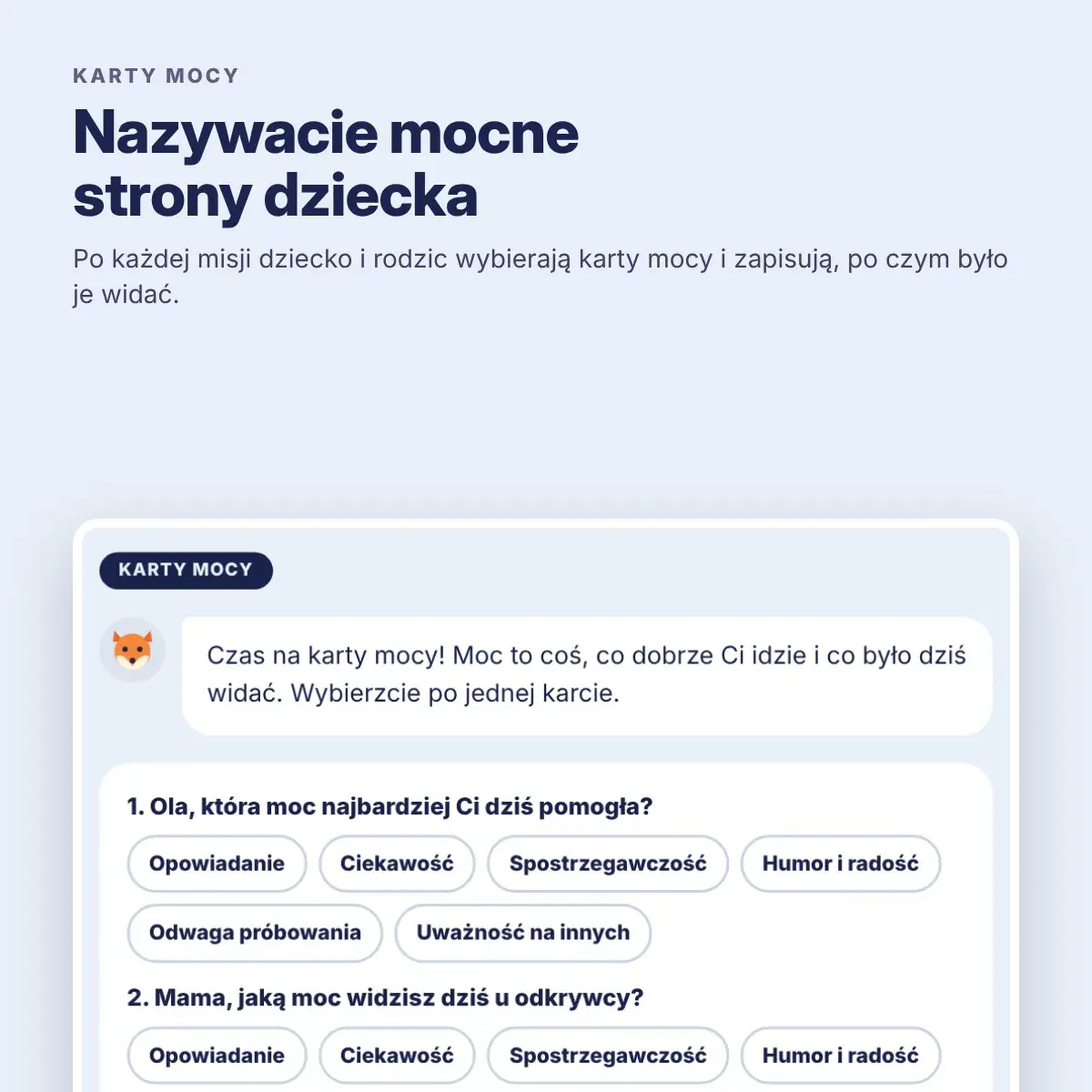 Karty mocy – wybór mocnych stron dziecka po misji w grze Odkrywcy możliwości