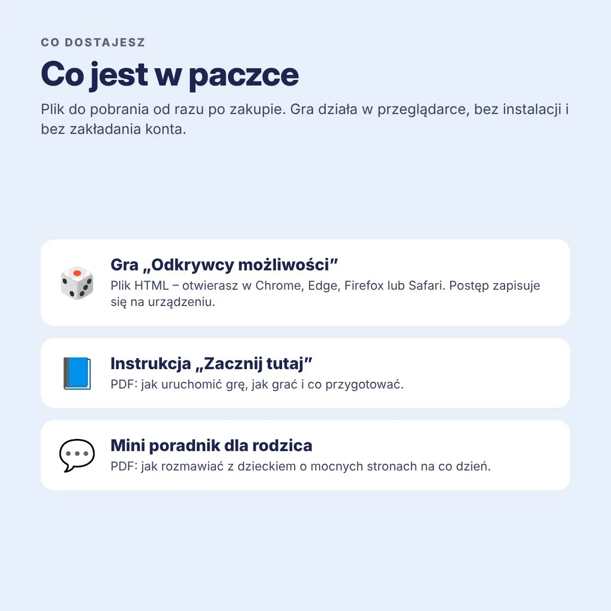Co zawiera gra Odkrywcy możliwości – gra HTML, instrukcja PDF i mini poradnik dla rodzica