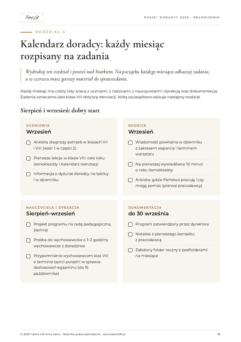 Kalendarz doradcy – zadania na każdy miesiąc