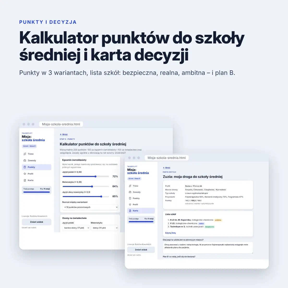 Kalkulator punktów do szkoły średniej i karta decyzji z listą szkół