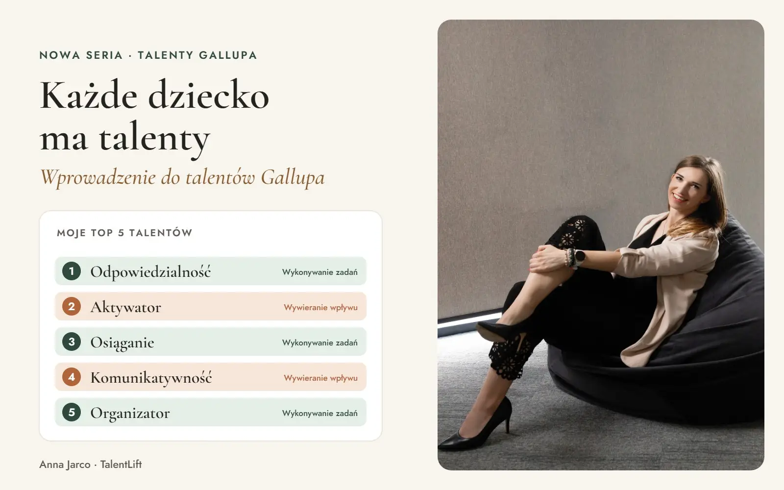 Anna Jarco i jej Top 5 talentów Gallupa: Odpowiedzialność, Aktywator, Osiąganie, Komunikatywność, Organizator
