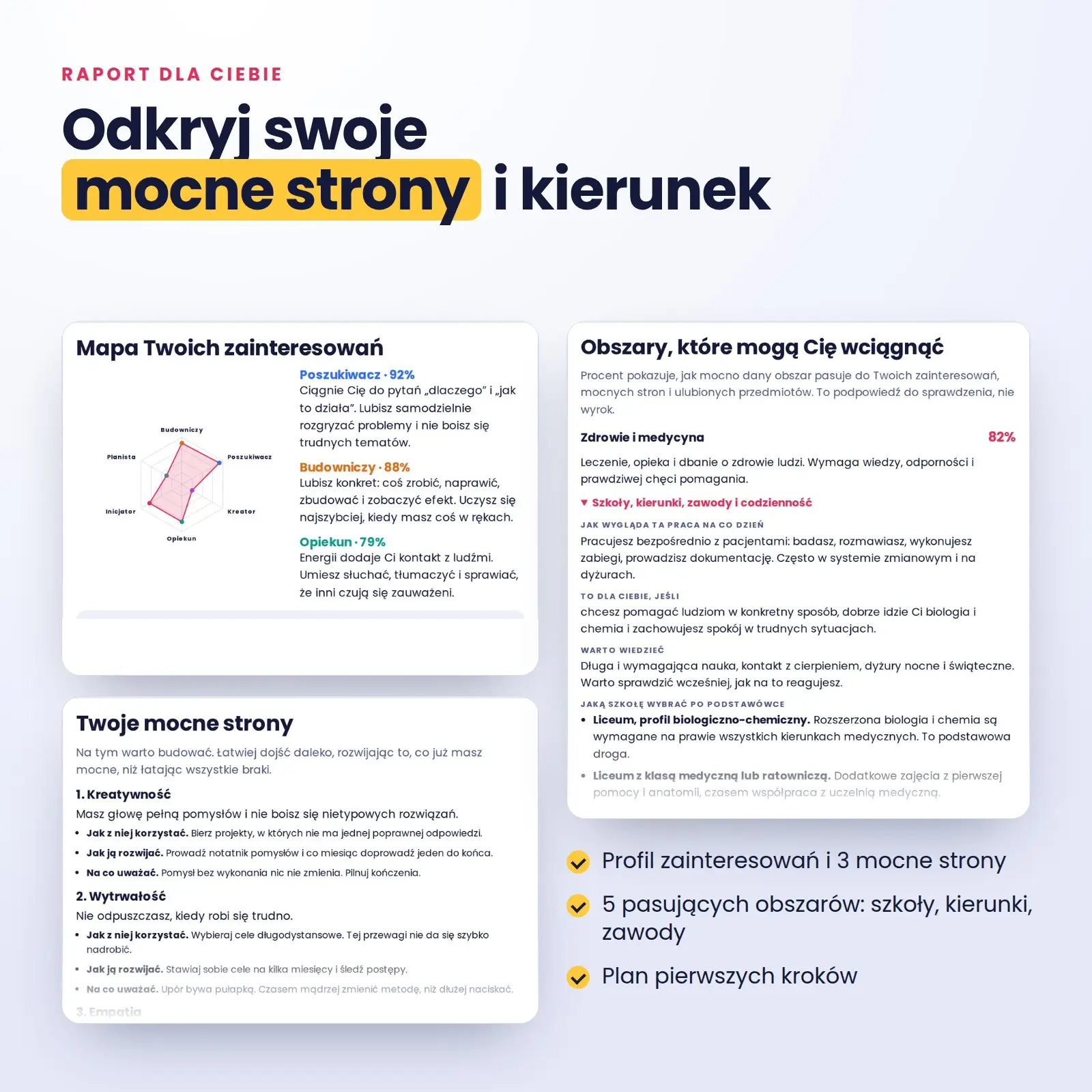 Raport z testu Mój Kierunek dla młodych – mapa zainteresowań, mocne strony, pasujące obszary i kierunki